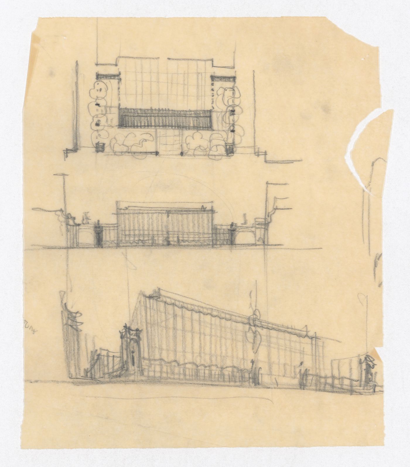 Sketched plan, elevation and perspective, United States Chancellery Building, London, England