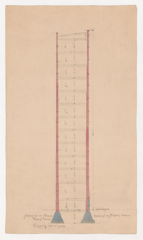 Office building, Chicago: Sections through the south party wall and exterior walls; verso: Sketch elevation for the gable or roof for an unidentified building, possibly an early design for the Monadnock Building
