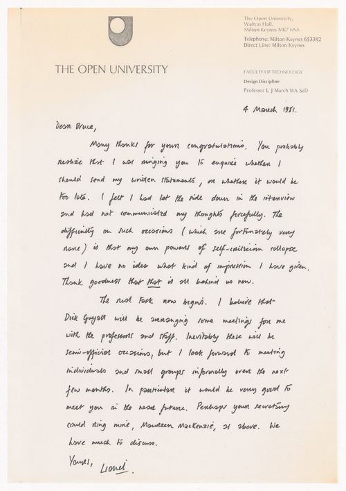 Response letter of Lionel March to Bruce Archer's letter of congratulations for his appointment as rector of the Royal College of Art in London