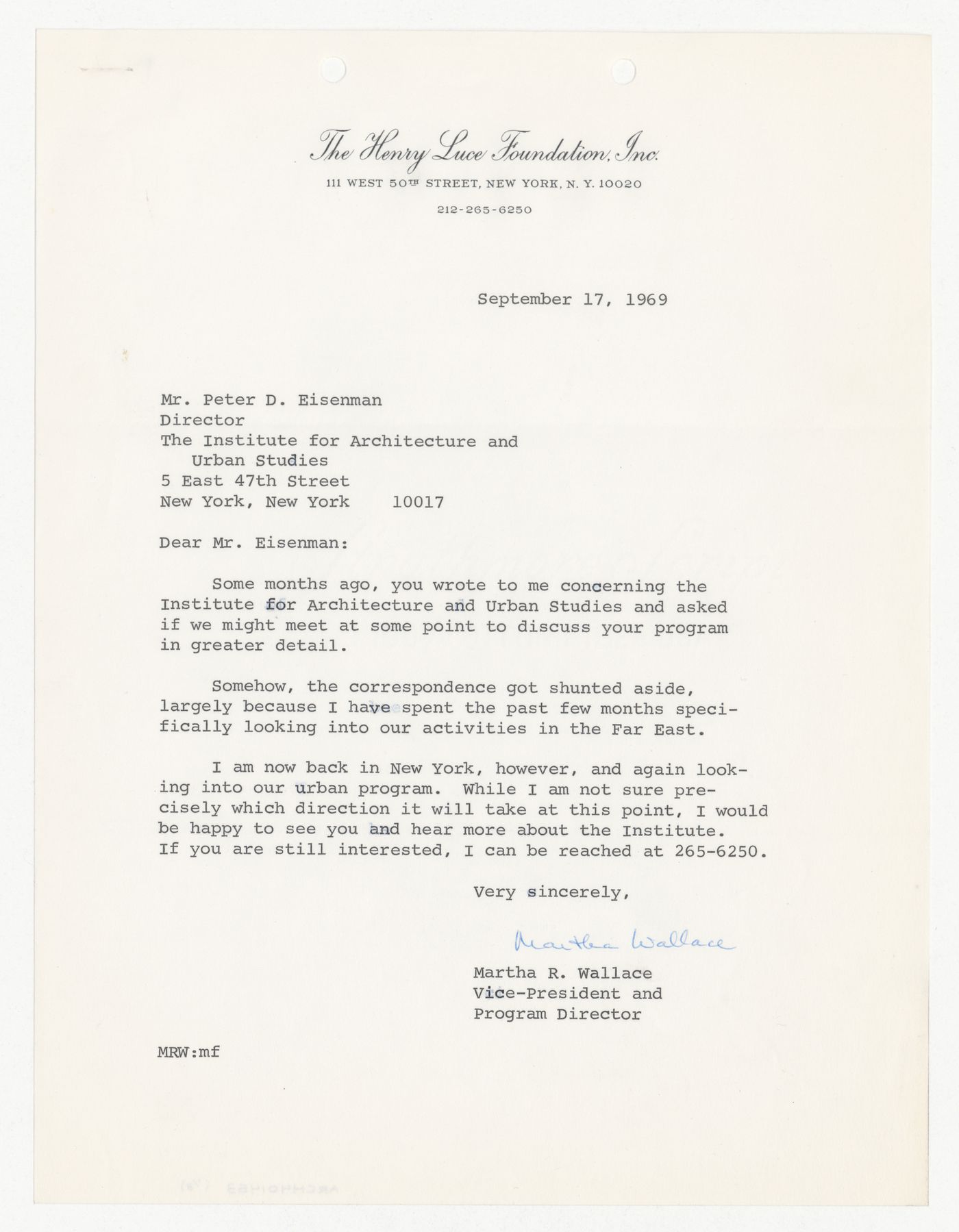 Letter from Martha R. Wallace to Peter D. Eisenman responding to donation request made by Eisenman with attached copy of original letter