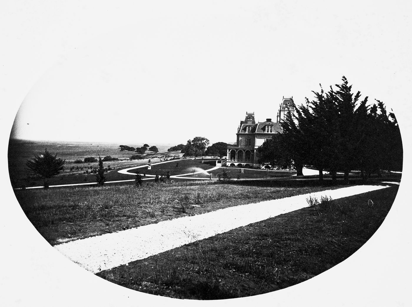 Side view of the exterior of Millbrae, home of D.O. Mills, San Mateo County, California