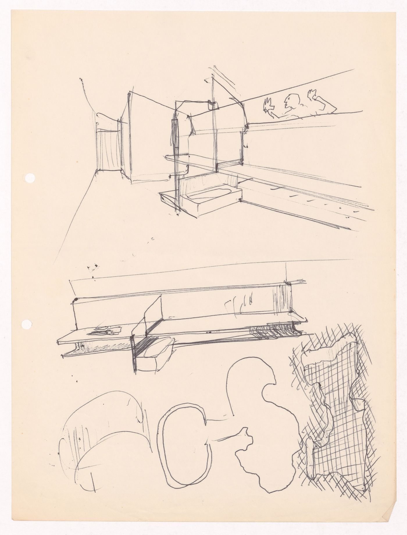 Sketch perspectives and details for Casa de chá, Restaurante da Boa Nova, Leça da Palmeira, Portugal