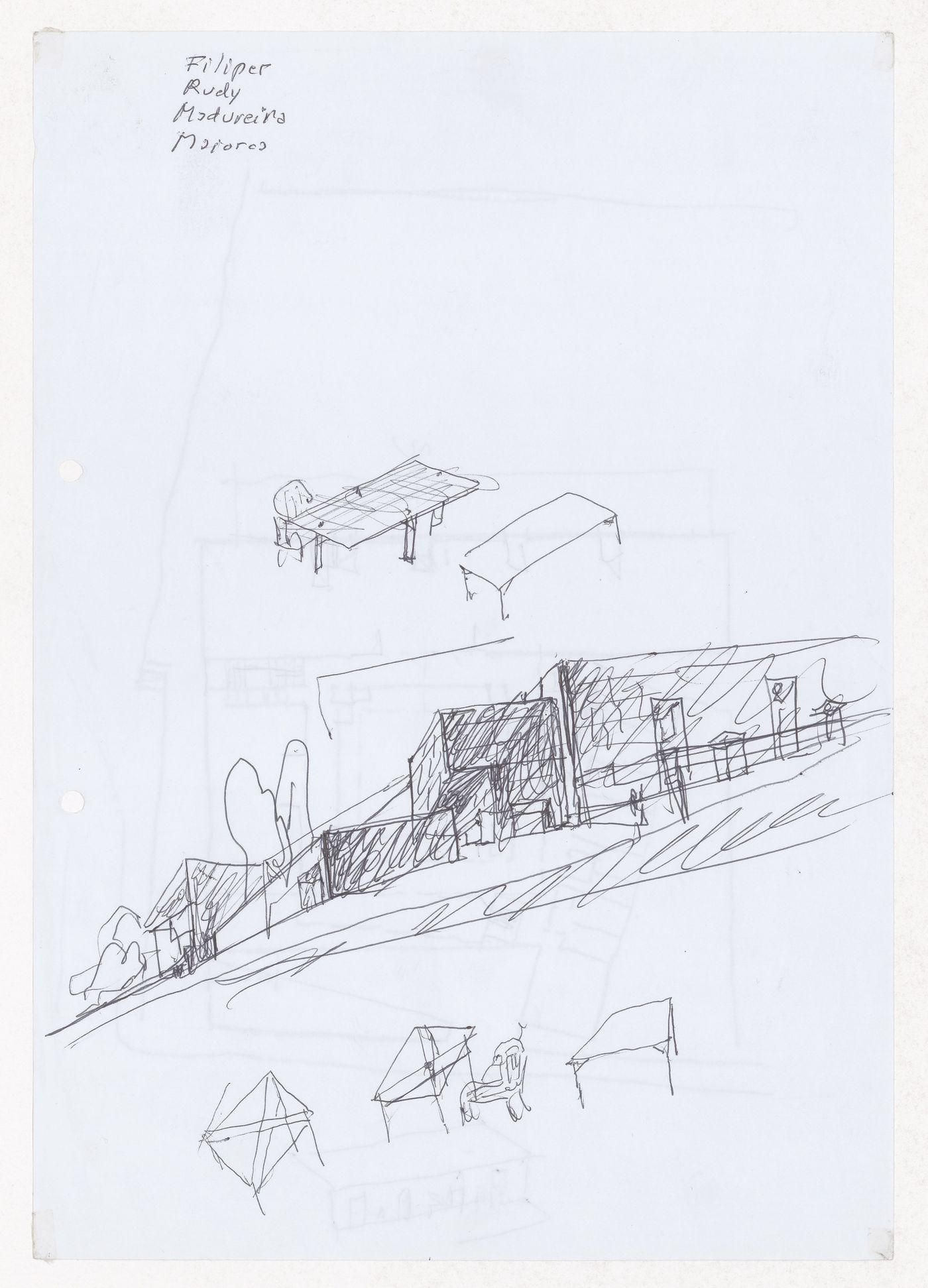 Sketch axonometric views for Biblioteca de Humanidades da Universidade de Salamanca, Salamanca, Spain; verso: Sketch plan and axonometric view for  Biblioteca de Humanidades da Universidade de Salamanca, Salamanca, Spain