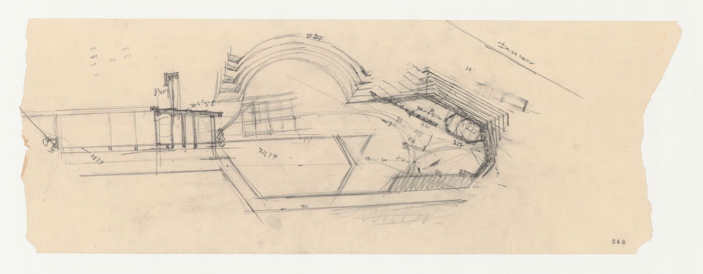 Wayfarers' Chapel, Palos Verdes, California: Partial site plan and sketch section for the auditorium and outdoor amphitheatre