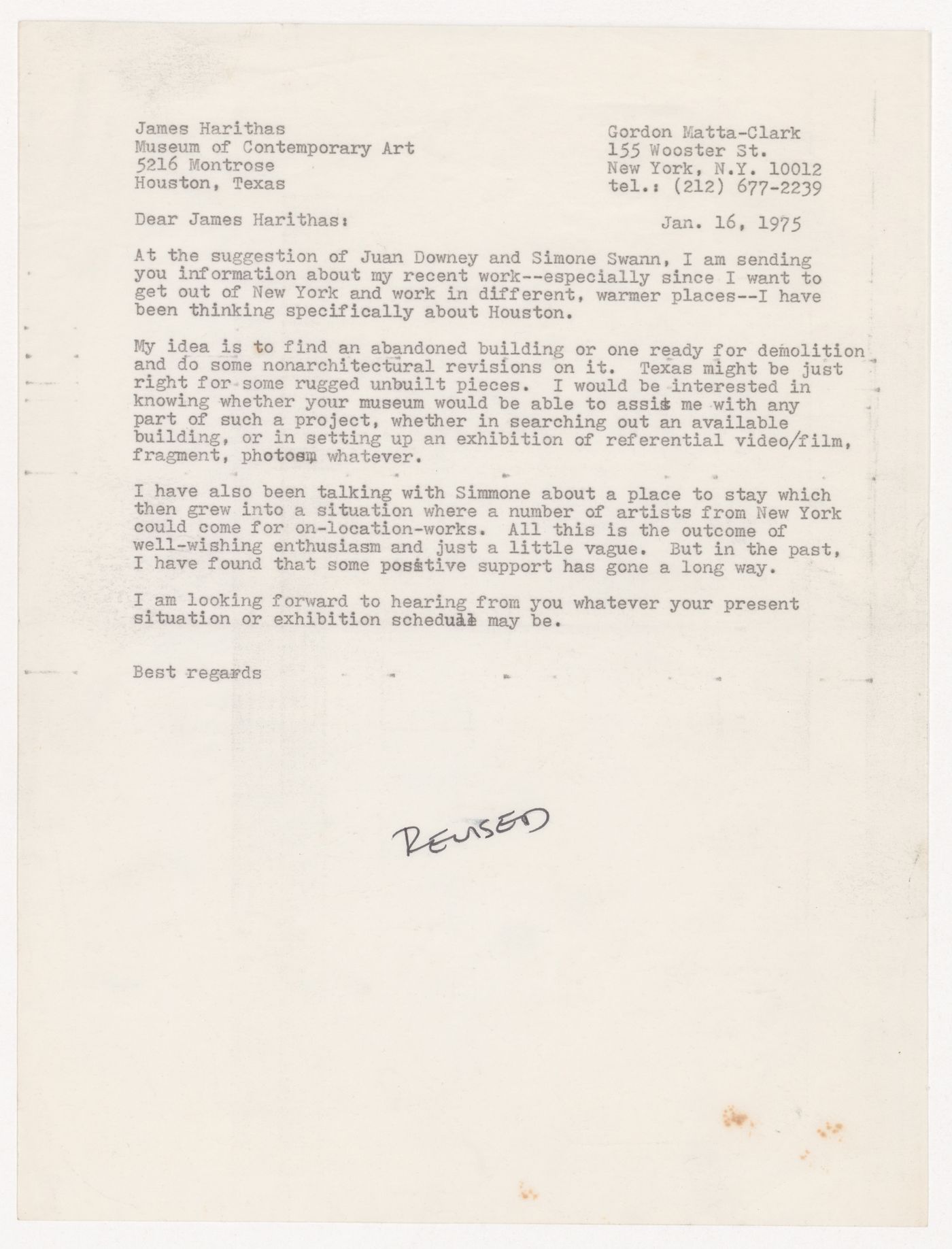 Letter from Gordon Matta-Clark to James Harithas
