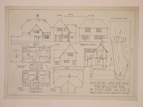 Elevations, plans, and section for the George J. Cox House, Leatherhead