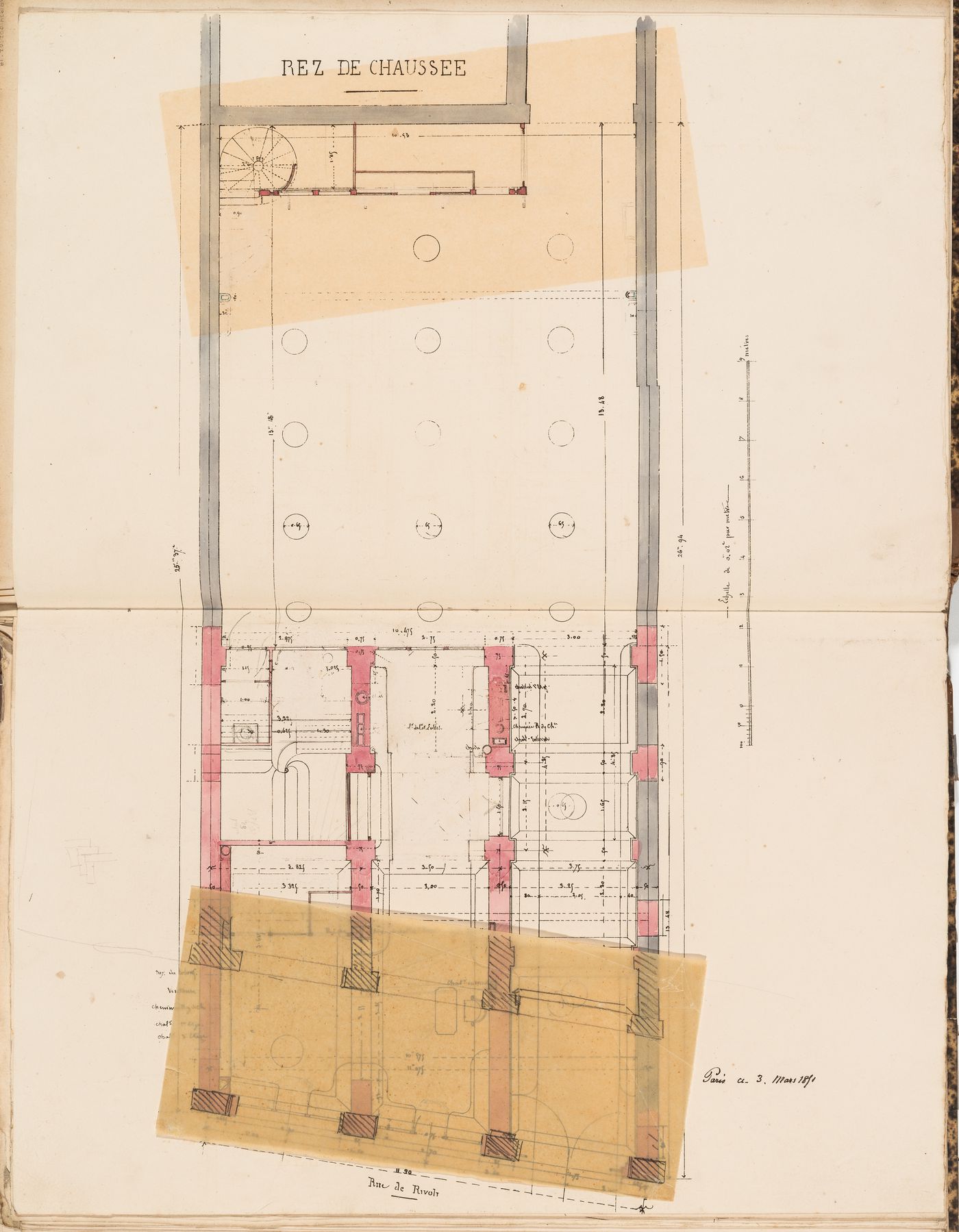 Ground floor plan with an attached revision, for the Administration générale des omnibus Office Building, Paris