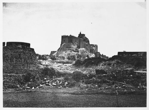 Trichinopoly.  Rock from the west looking through a gap in the fort wall.