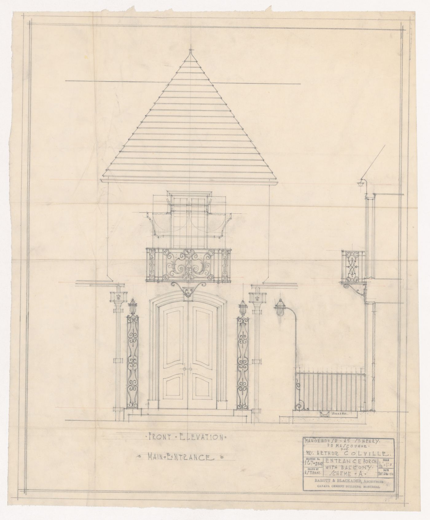 Elevation of entrance porch for Colville Manor, Mascouche, Québec