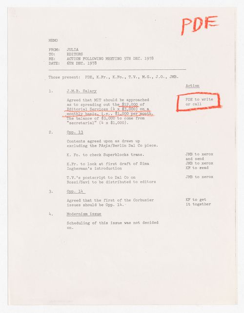 Memorandum from Julia Bloomfield to Oppositions Journal editors about action following meeting of December 5th, 1978