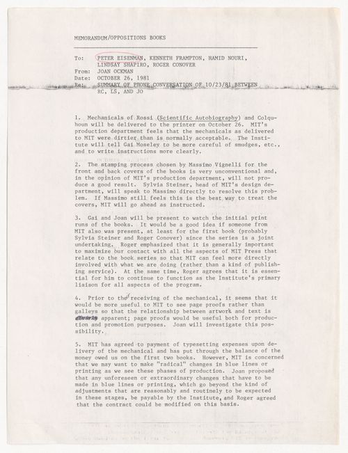 Memorandum from Joan Ockman to Peter D. Eisenman, Kenneth Frampton, Hamid R. Nouri, Lindsay Stamm Shapiro, and Roger Conover about printing of Scientific Autobiography by Aldo Rossi