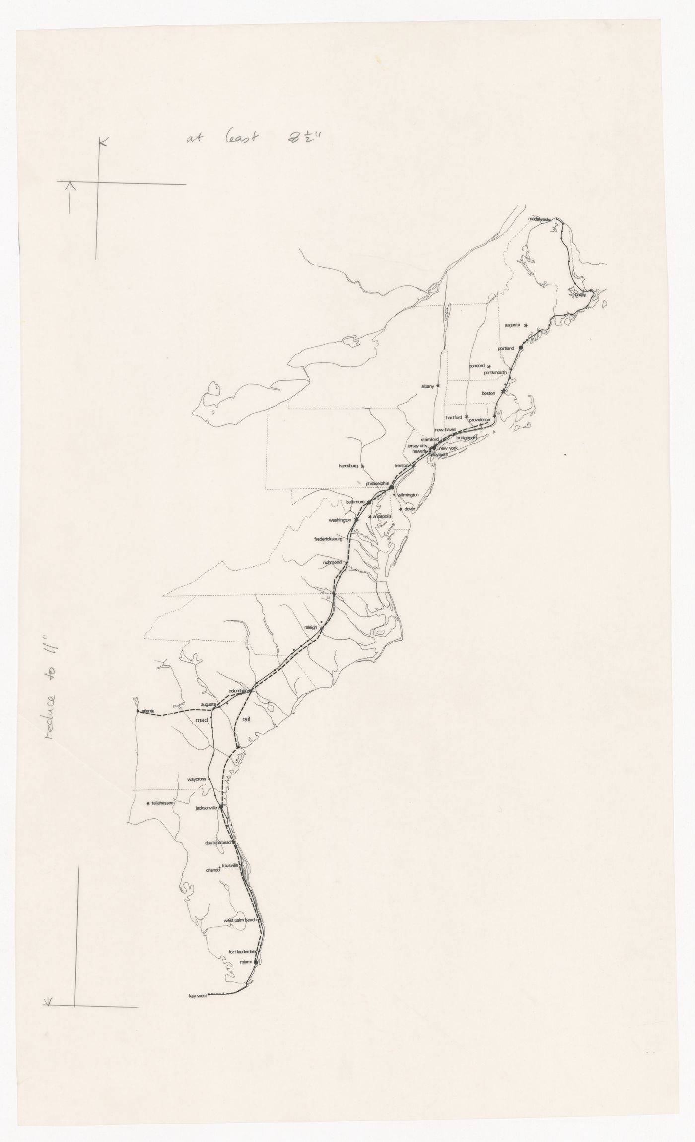 Map of eastern coast of the United States of America with sggested route marked (from the project-file United States One (U.S. 1))