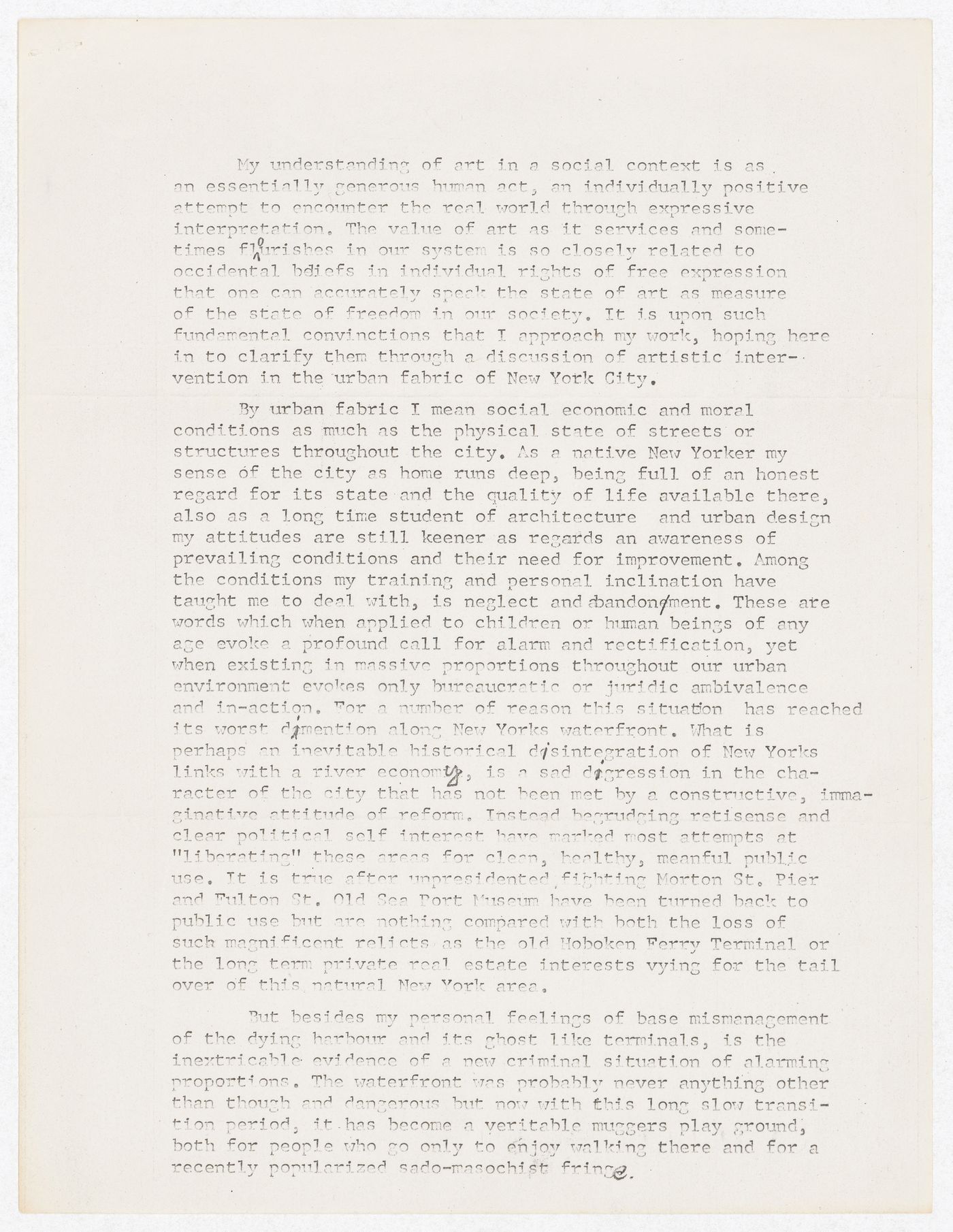 Statement by Gordon Matta-Clark for Jerald Ordover regarding work done at Pier 52, New York City, New York