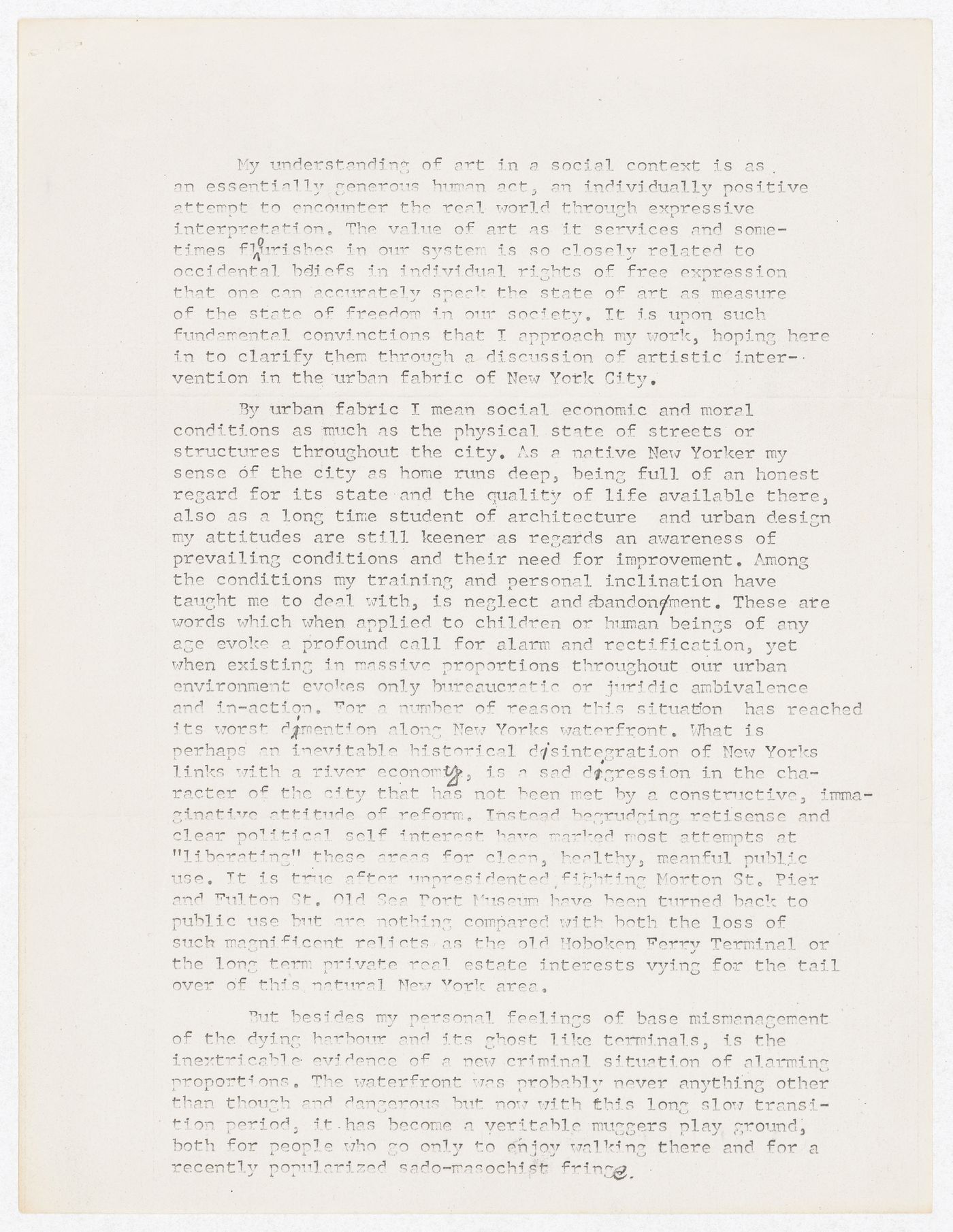 Statement by Gordon Matta-Clark for Jerald Ordover regarding work done at Pier 52, New York City, New York