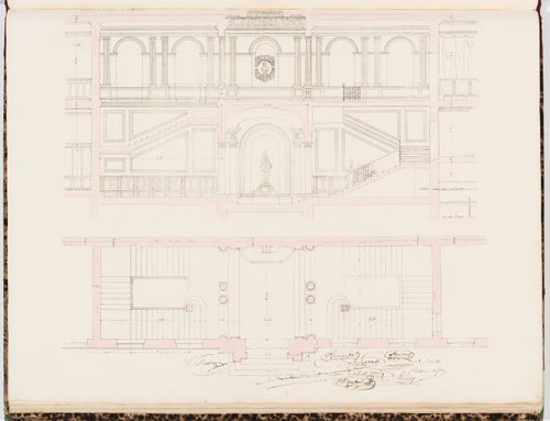 Longitudinal section and plan for the entrance hall and the main stairs, Hôtel Sauvage, Paris