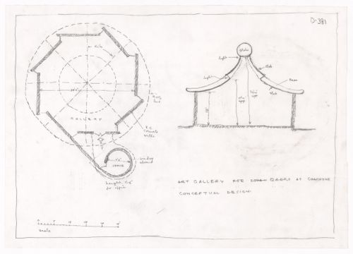 Plan and section for Art gallery for Sohan Qadri, Chachoke, India