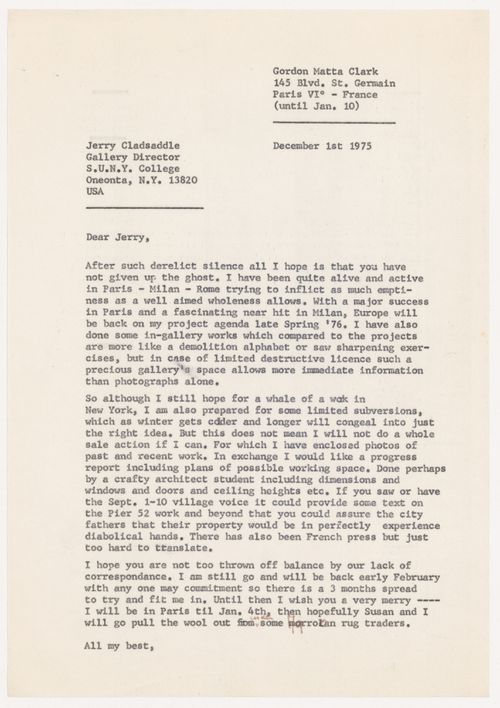 Letter from Gordon Matta-Clark to Jerry Clapsaddle
