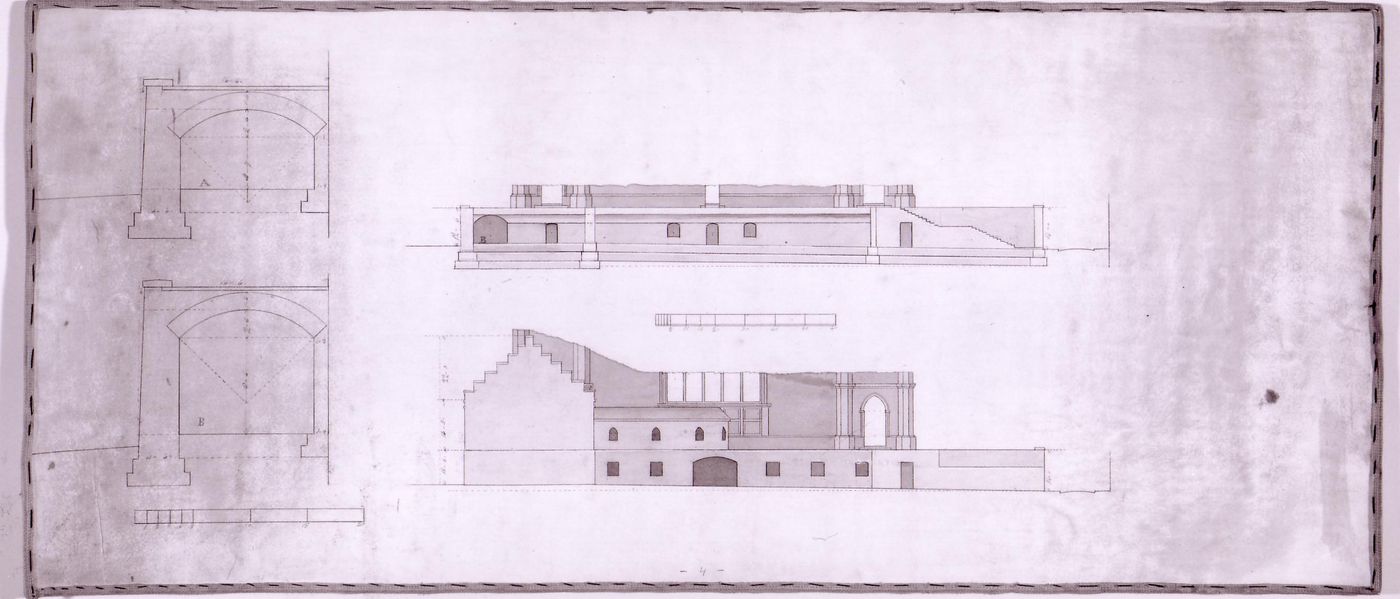 Plan and section for the principal entrance and stairs for Notre-Dame de Montréal