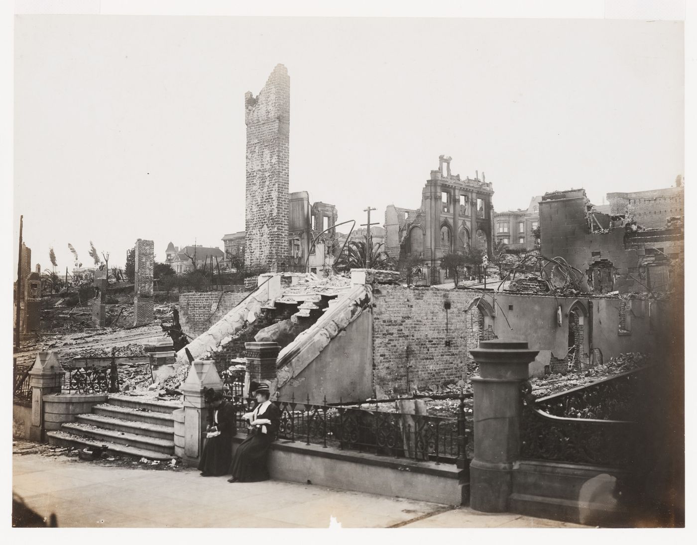 General view of the aftermath of the 1906 earthquake and fire, looking at destroyed rocker mansion, San Francisco, California