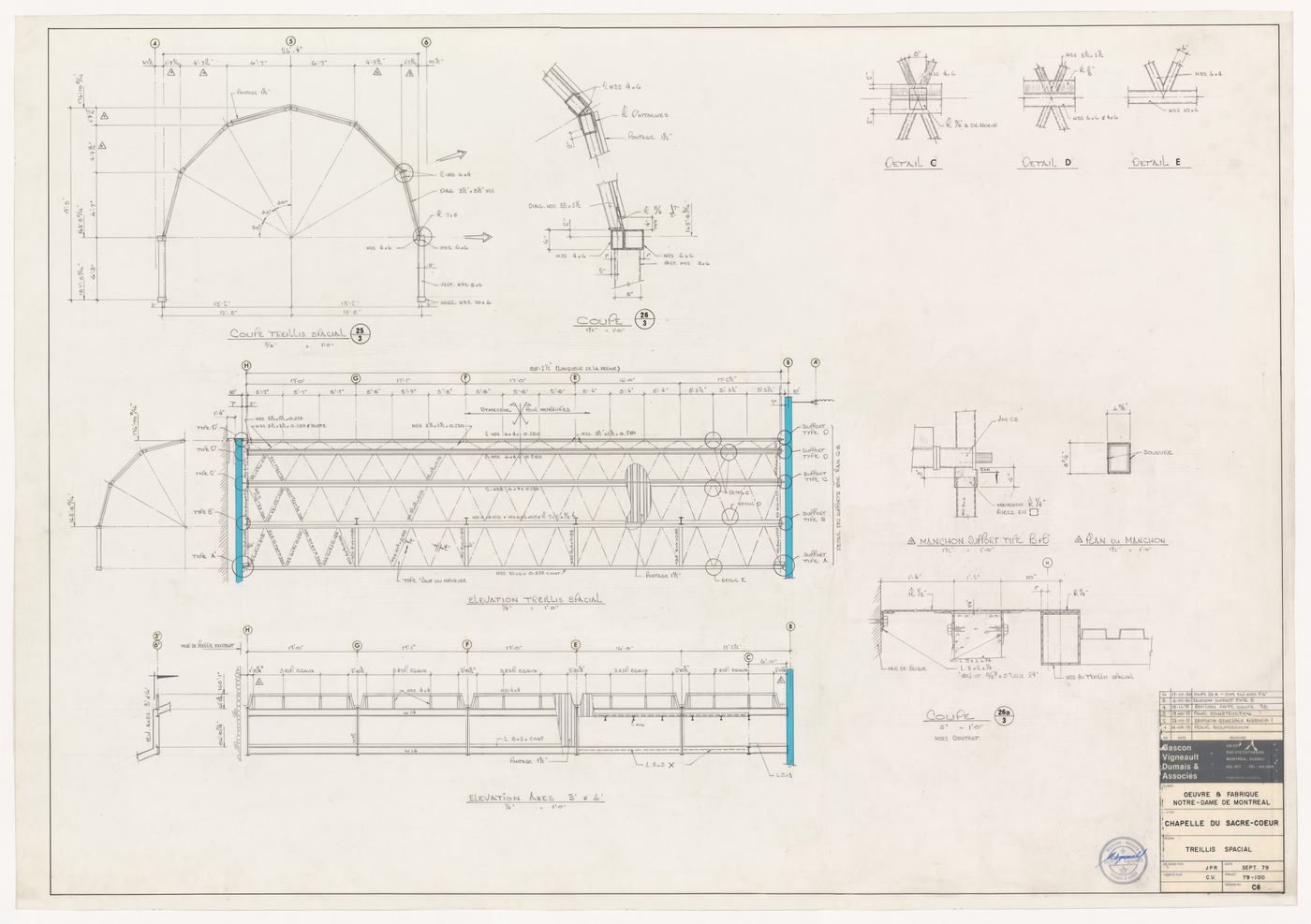 Plans, elevations and sections for the trellis [?] and trellis details [?] for the reconstruction of the Chapelle du Sacré-Coeur, Notre-Dame de Montréal