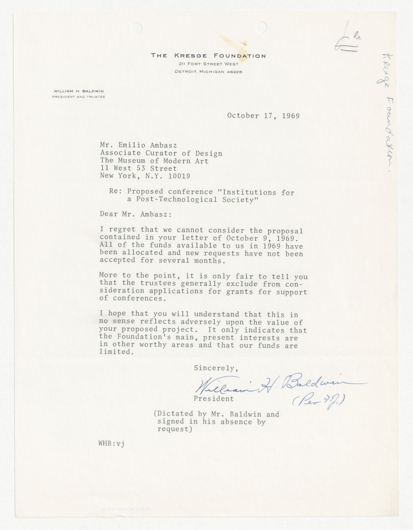 Letter from William H. Baldwin to Emilio Ambasz responding to proposal for Institutions for a Post-Technological Society conference