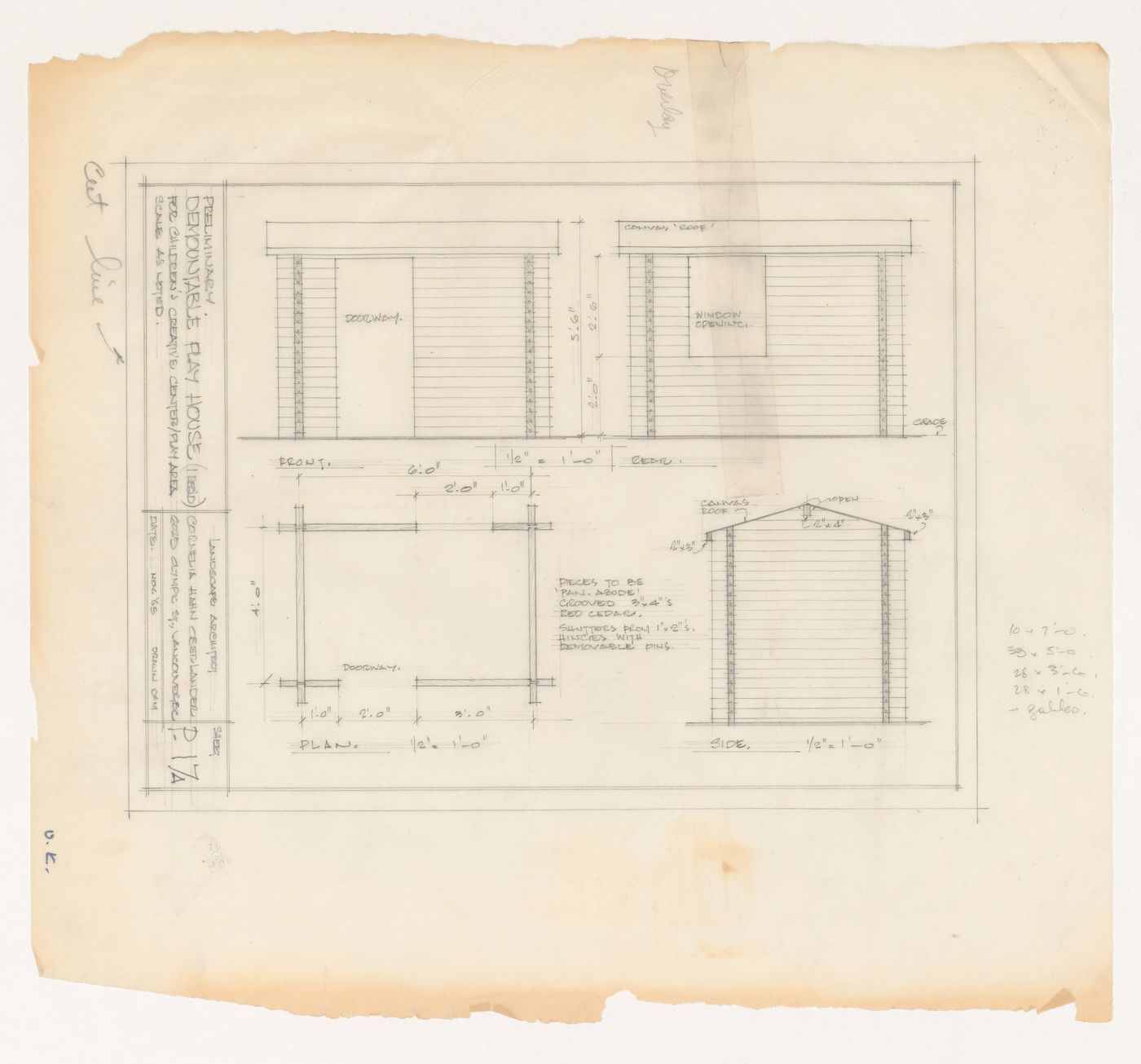 Preliminary plan and elevations for demountable play house for Children's Creative Centre Playground, Canadian Federal Pavilion, Expo '67, Montréal, Québec