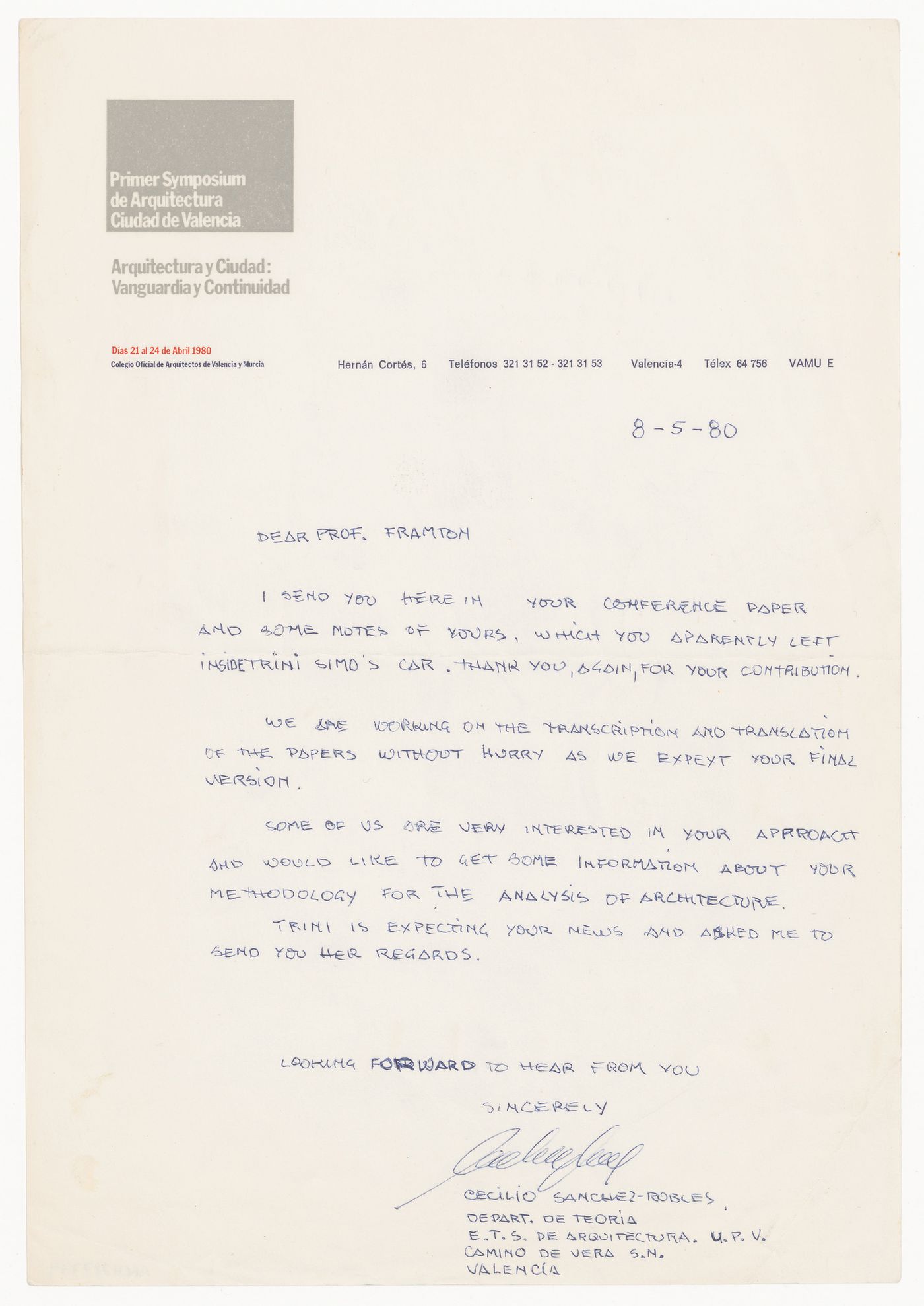 Letter from Cecilio Sanchez-Robles to Kenneth Frampton