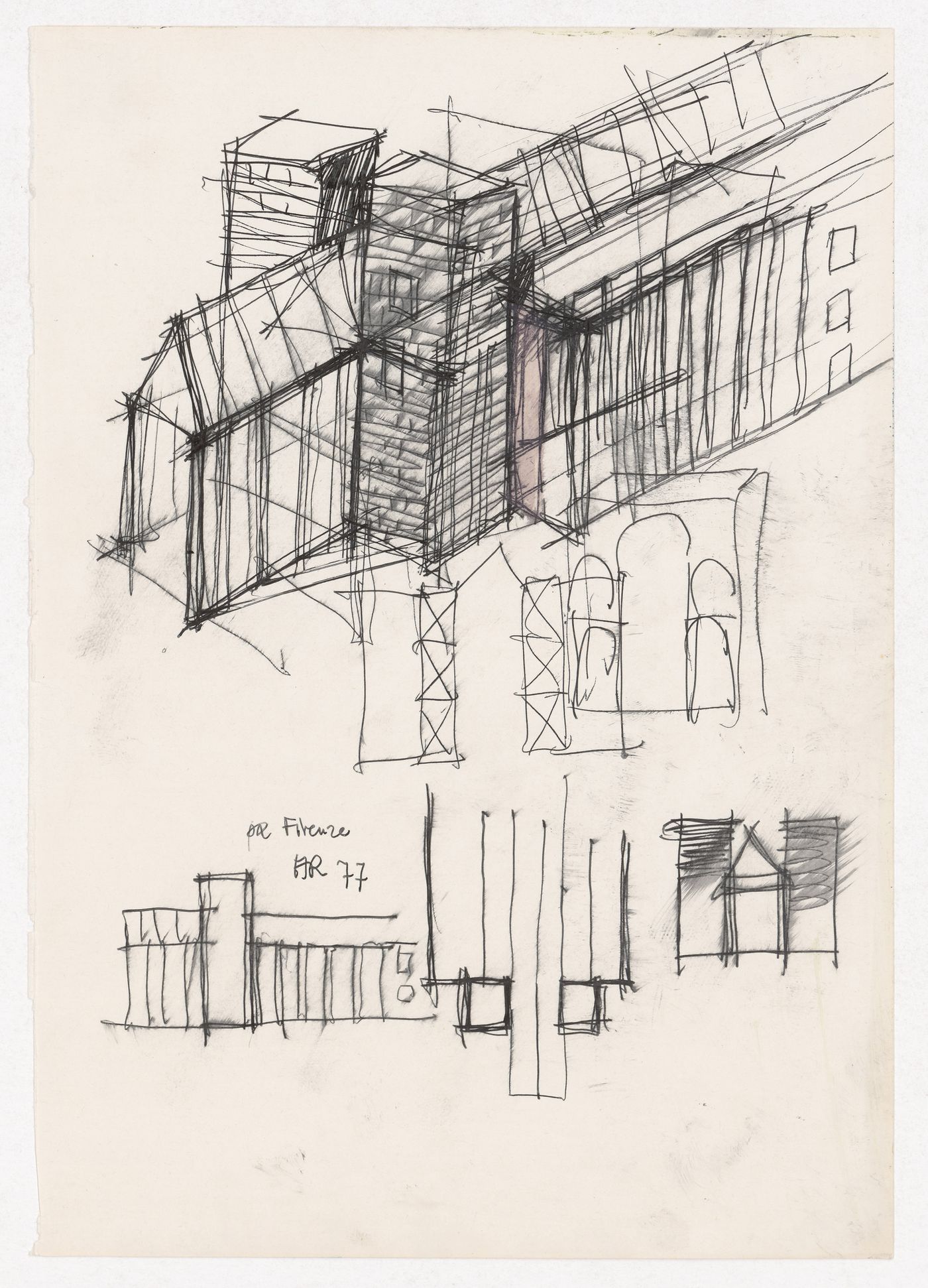 Sketch axonometric, sketch elevations and sketch plan [?] for Centro Direzionale, Florence