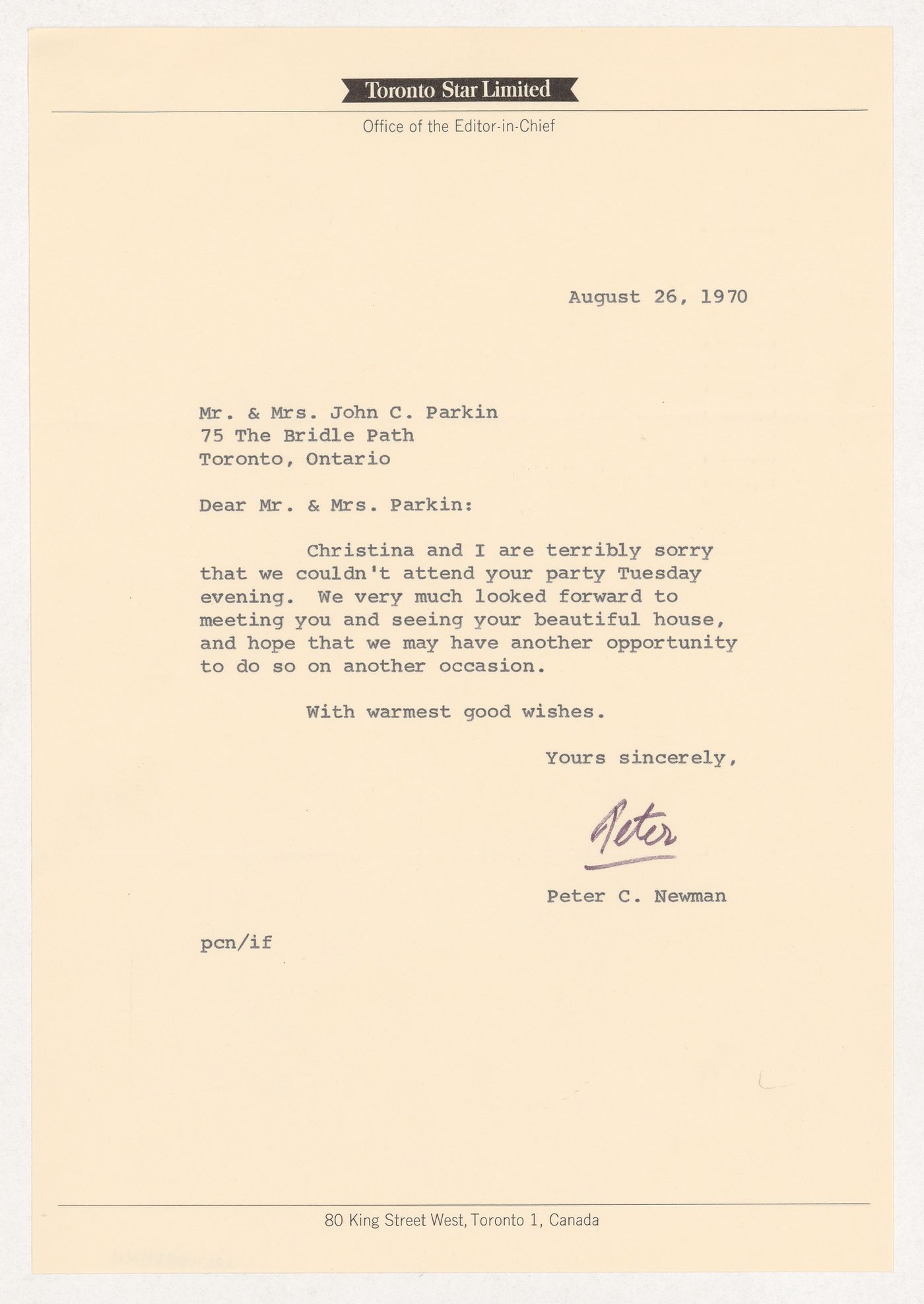 Letter from Peter C. Newman to Parkin