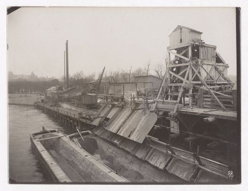 Construction of the Paris Metro, view of worksite beside the Seine, Paris, France