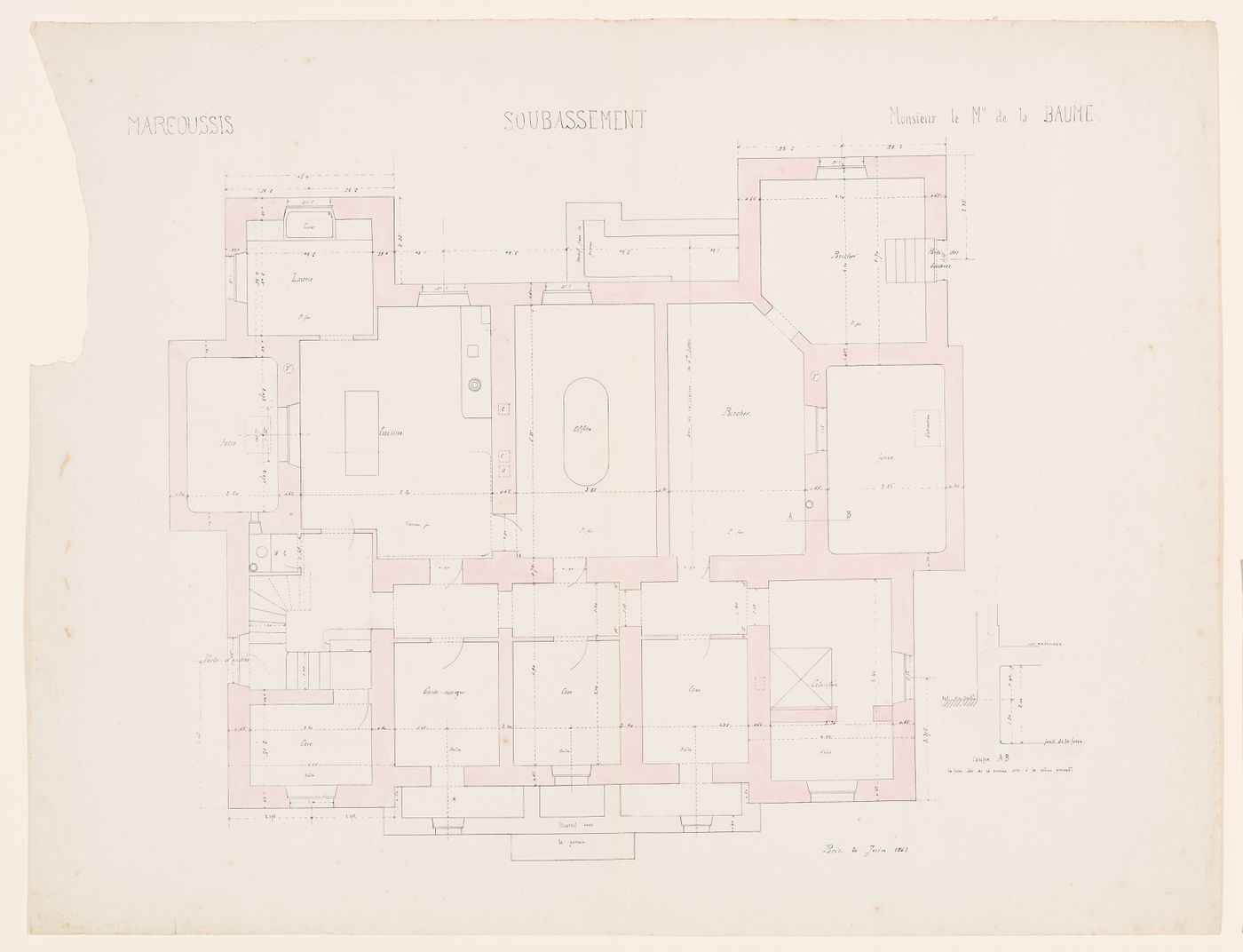 Château de Marcoussis: Plan for the "soubassement" with partial section