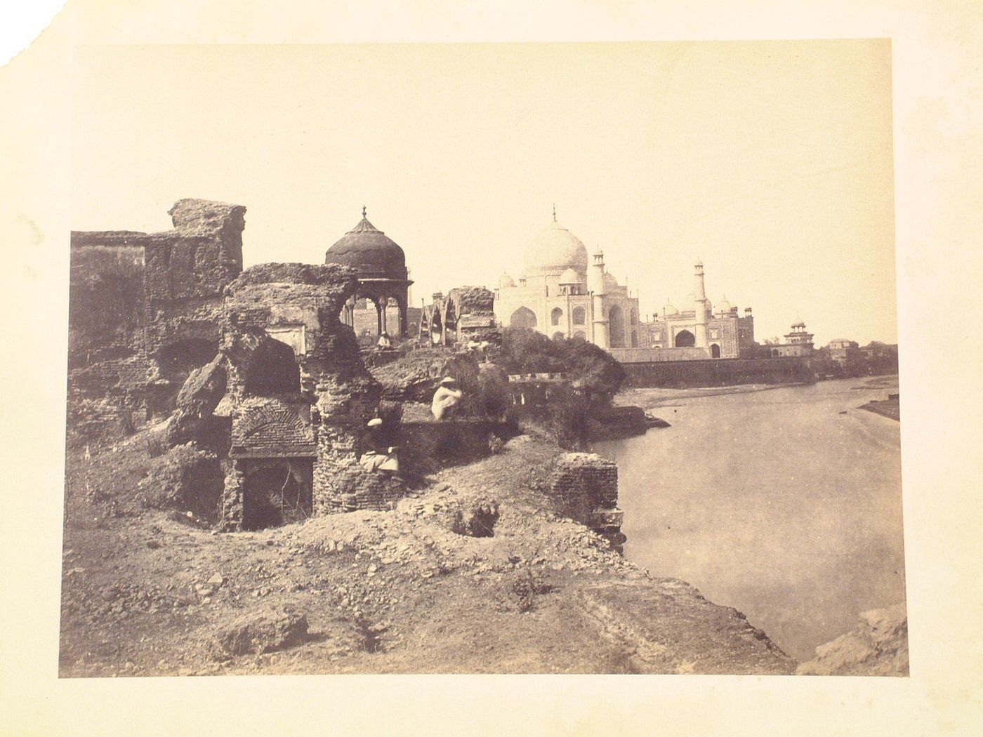 View of the Taj Mahal with ruins in the foreground and the Jami Masjid in the background, Agra, India