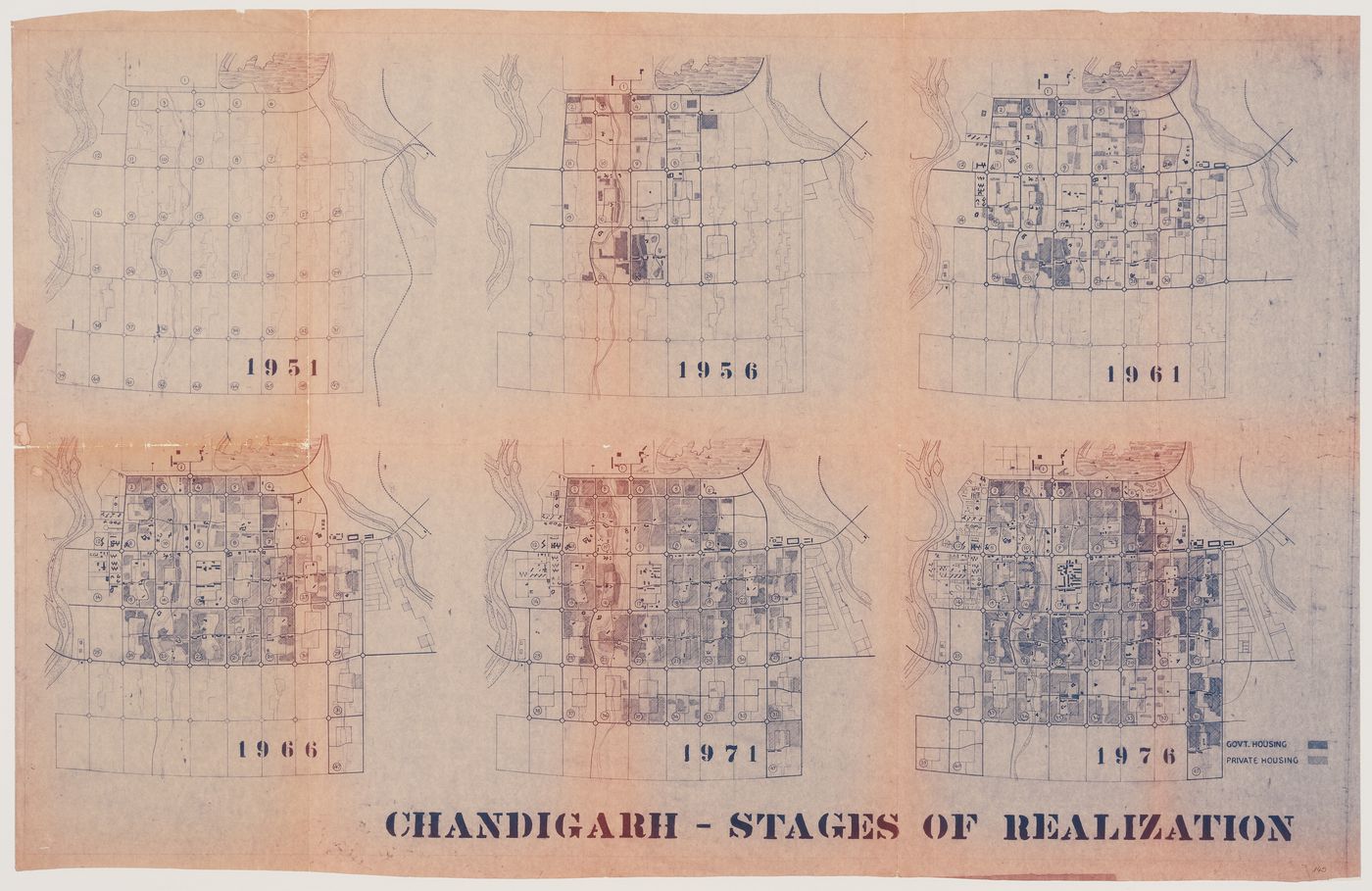 Plans showing six phases of realization of the urban plan for Chandigarh, India, 1951-1976