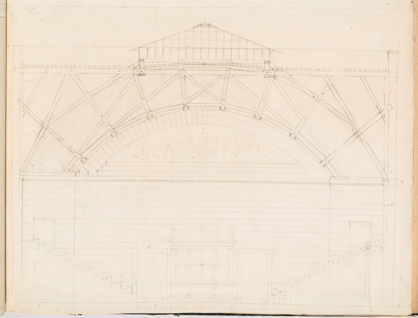 Project for the redevelopment of the École de médecine and surrounding area, Paris: Section through the second ampitheatre for the École de médecine showing the roof structure