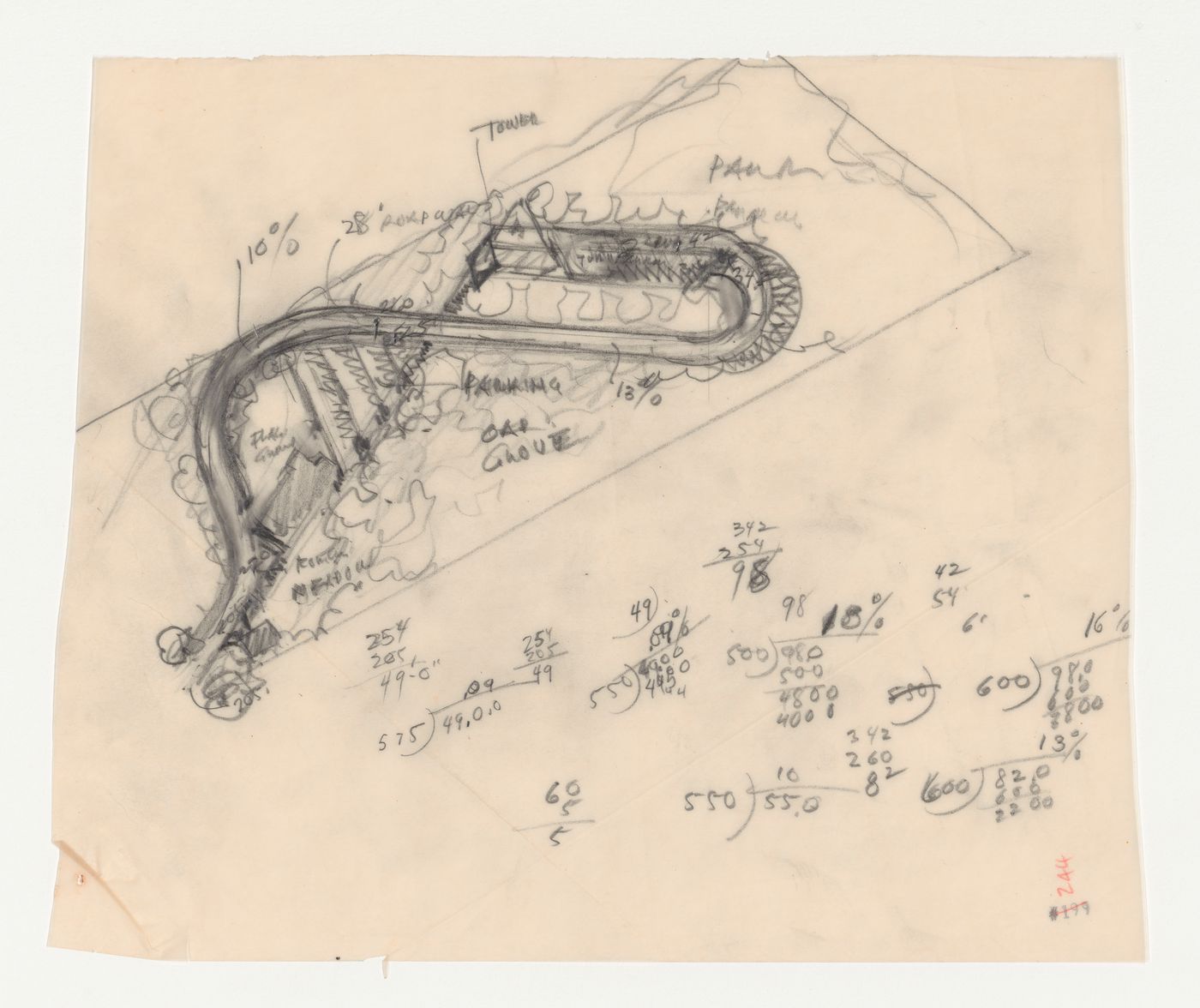 Swedenborg Memorial Chapel, El Cerrito, California: Site plan including parking lot, tower and oak grove