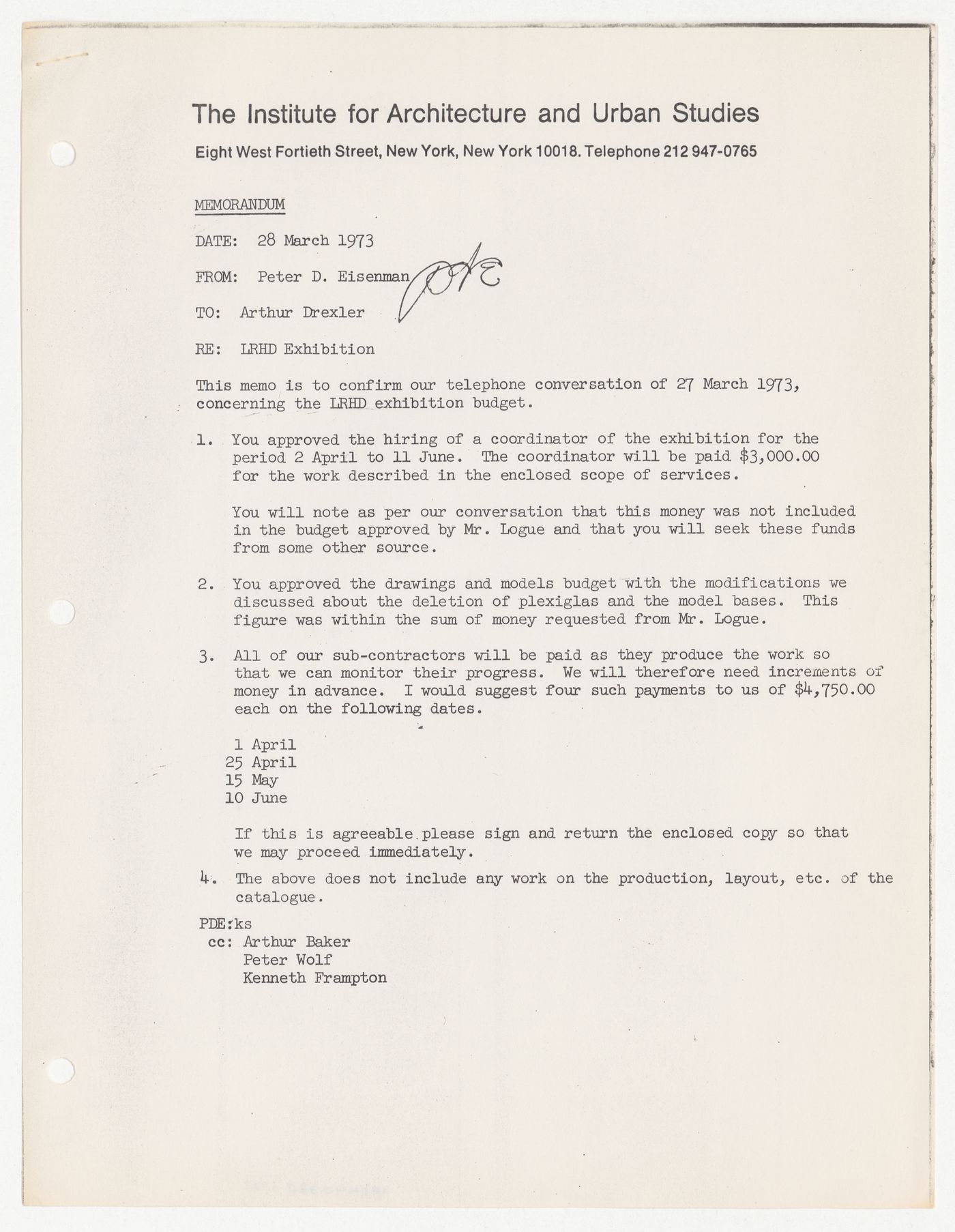 Memorandum from Peter D. Eisenman to Arthur Drexler about Low-Rise High-Density (LRHD) exhibition