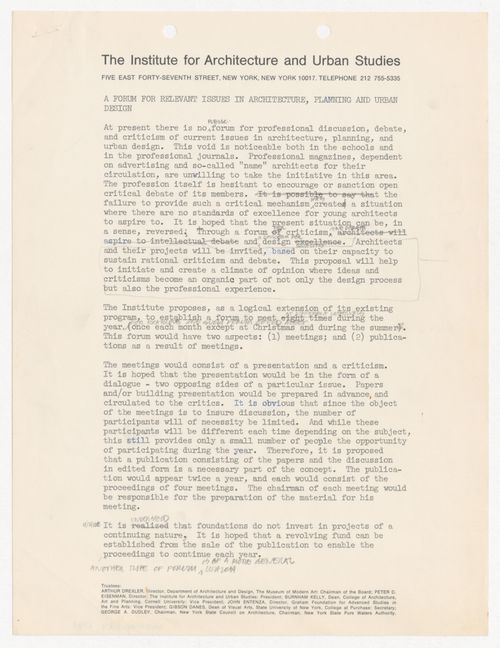 Project proposal for a forum on relevant issues in architecture with annotations by Peter D. Eisenman