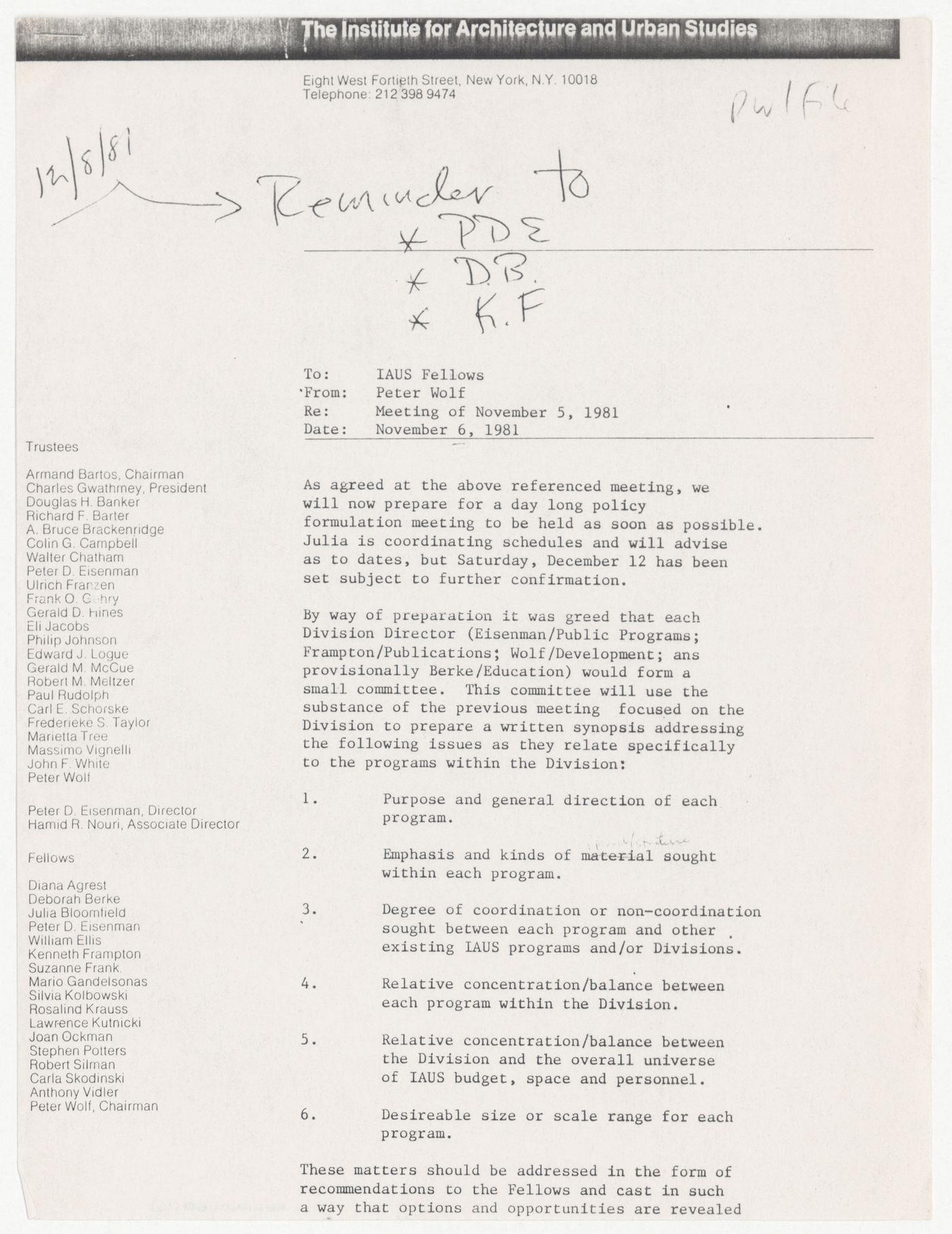 Memorandum from Peter Wolf to the Fellows about policy formulation meeting with annotations
