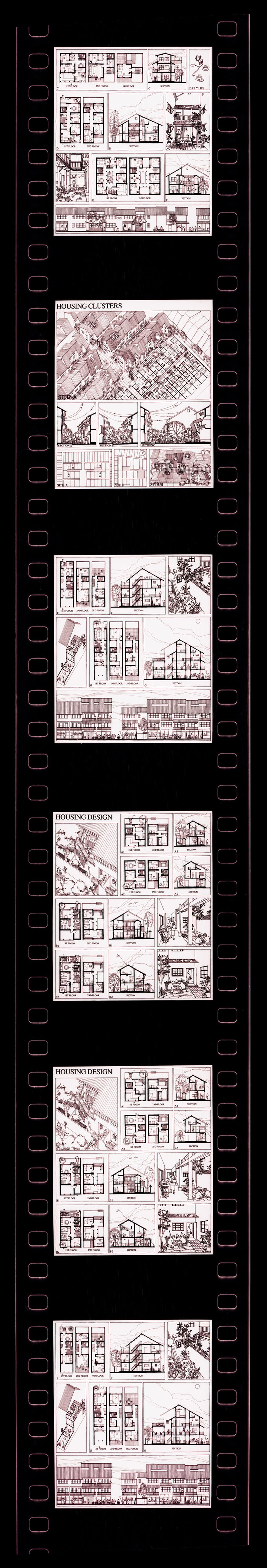 Negative strip of illustrations for the publication "Housing a Billion: Urban Upgrading: Design Ideals for Rural China" publication
