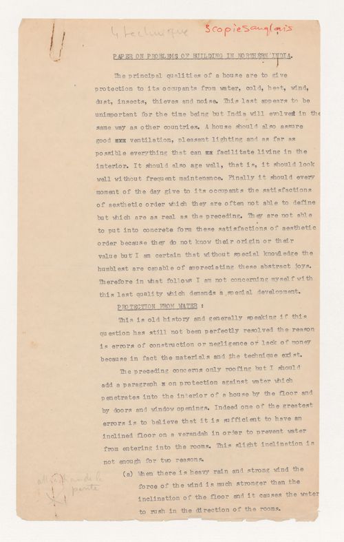 Text entitled "Paper on problems of building in Northern India"