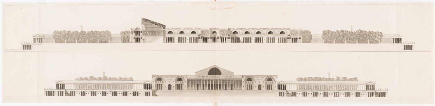 1800 Grand Prix Competition: Programme for an École nationale des beaux-arts; verso: 1800 Grand Prix Competition [?]: Elevation and sectional elevations for an École nationale des beaux-arts