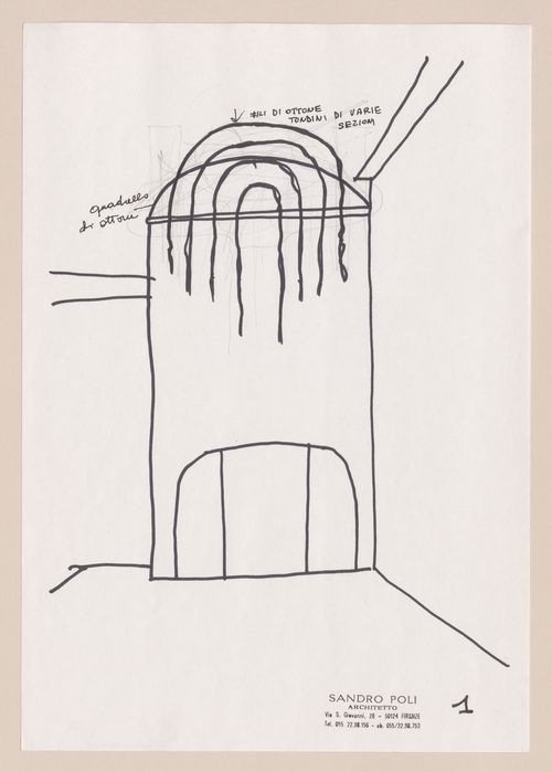 Sketch elevation with annotations for Riqualificazione centro Storico di Pontassieve [Redevelopment of the historical center of Pontassieve], Florence, Italy