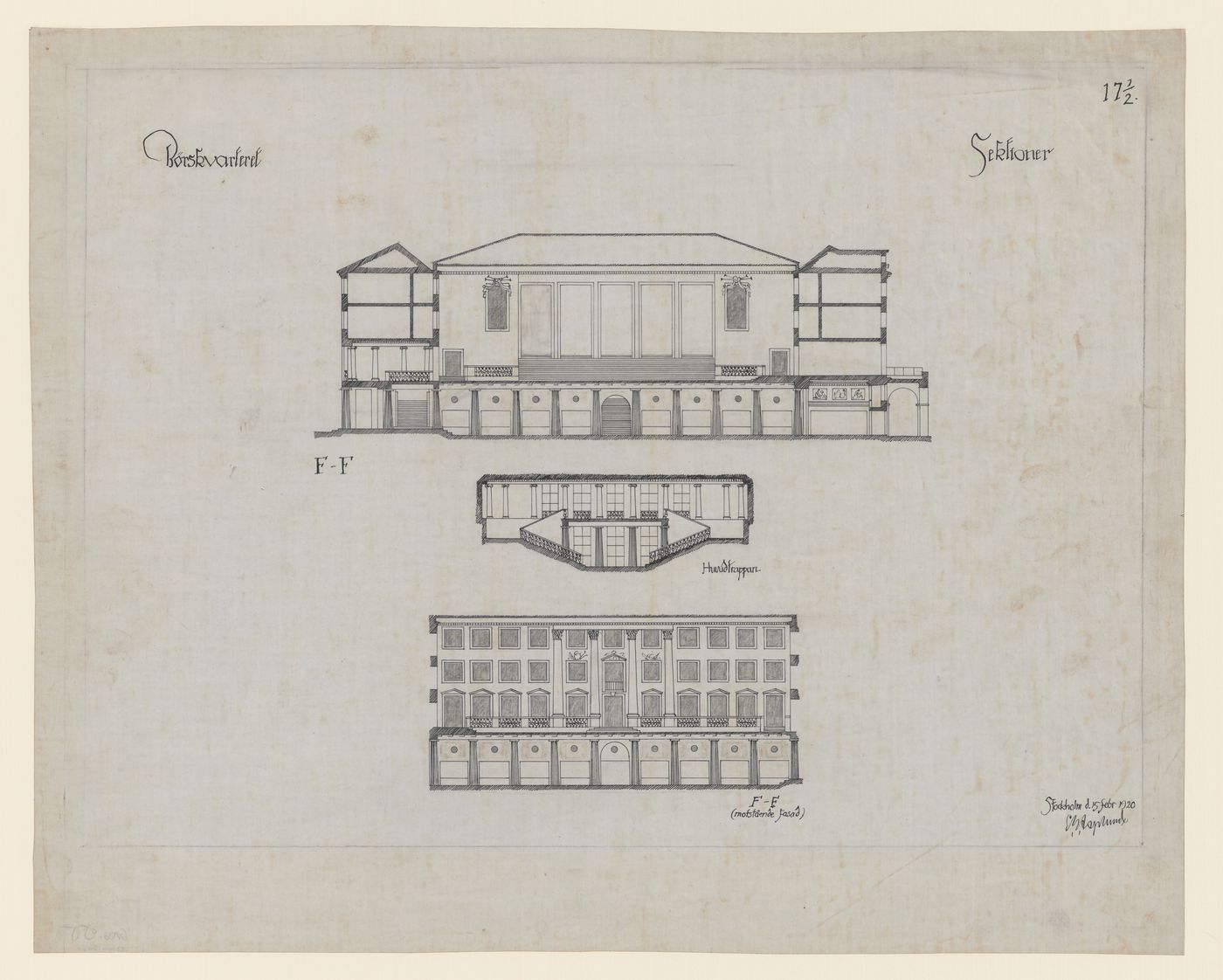 Sections F-F and an elevation for the 1918-1925 design for the Börskvarteret [Stock Exchange Block], Gustaf Adolfs torg [square], Göteborg, Sweden