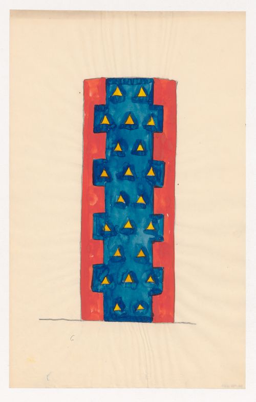 Design for a red, yellow and blue tiled stove