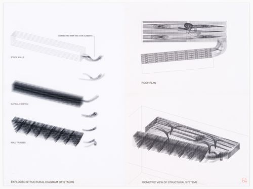 Drawings of an exploded structural diagram of the stacks and an isometric view of the structural system, Kansai-Kan of the National Diet Library, Seika, Japan