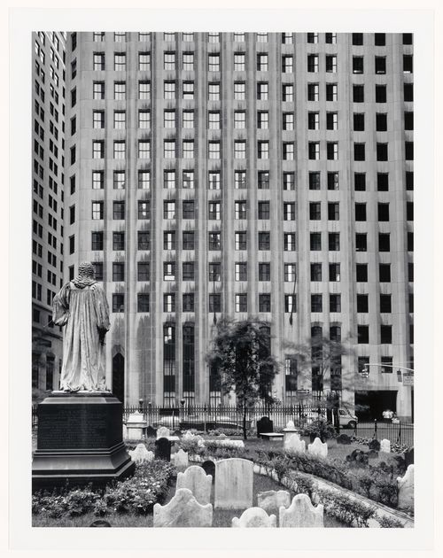 John Watts statue in Trinity Churchyard, looking towards Irving Trust Company and Wall Street, New York City, New York