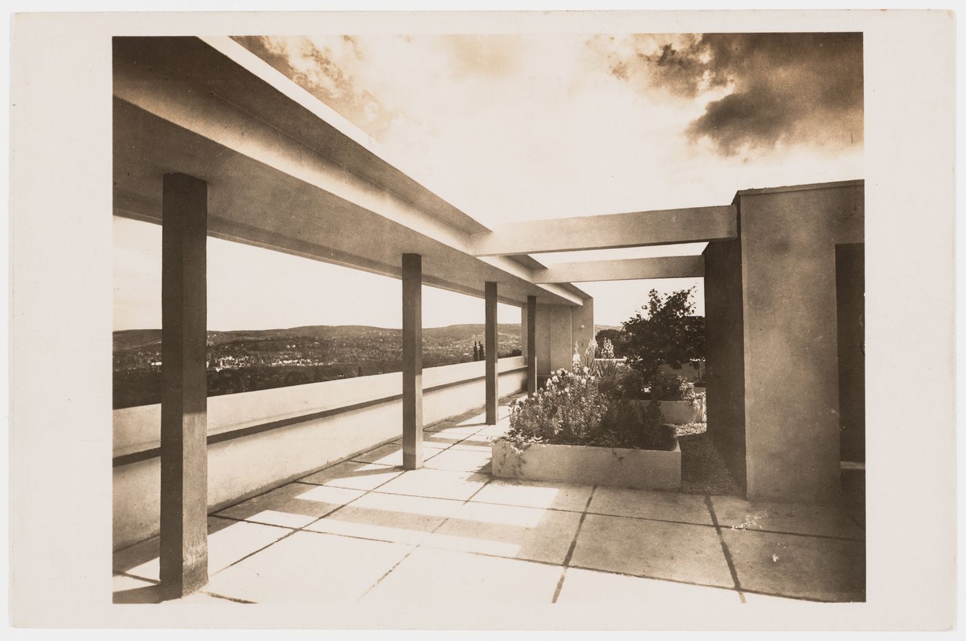 Partial view of the roof terrace of House 14 showing planters, Weissenhofsiedlung, Stuttgart, Germany