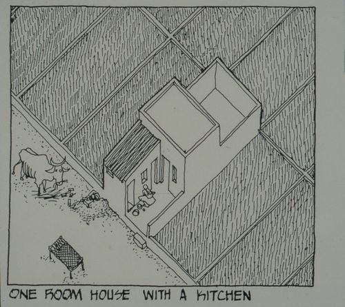 Axonometric view of one room house with kitchen for the Aranya Housing Project, Indore, India