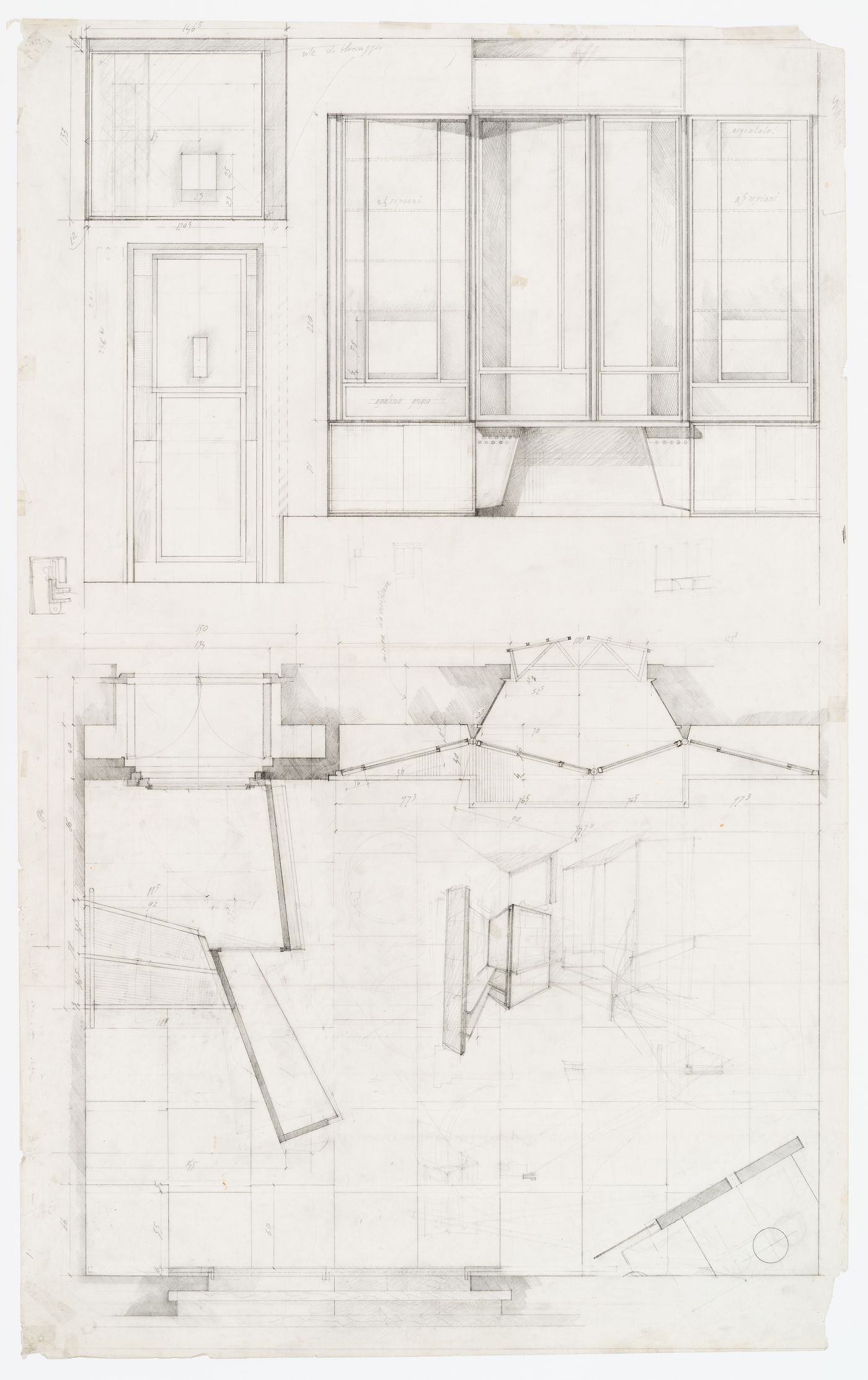 Elevation, plan, and perspective sketch of living room for Casa Frea, Milan, Italy