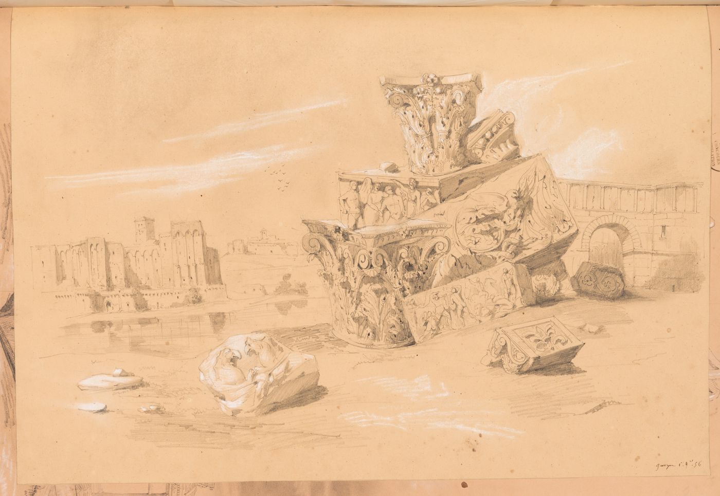 Study of architectural fragments with a citadel and an entrance archway